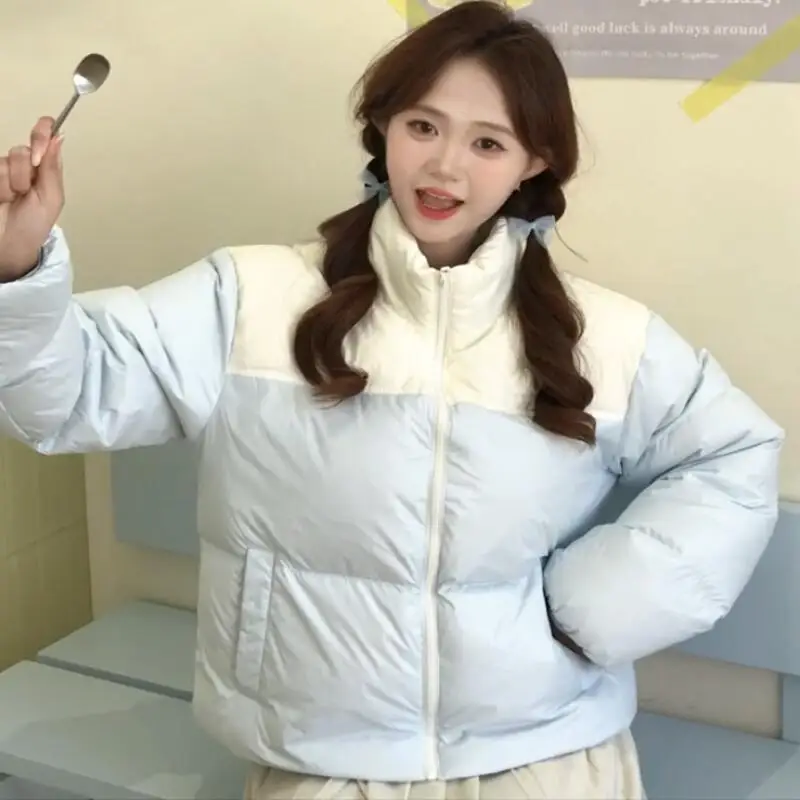 

Preppy Style Girl's Student Cotton-Padded Jacket Women's Bread Cotton Color Blocking Thicken Warm Winter Cotton Puffer Jacket