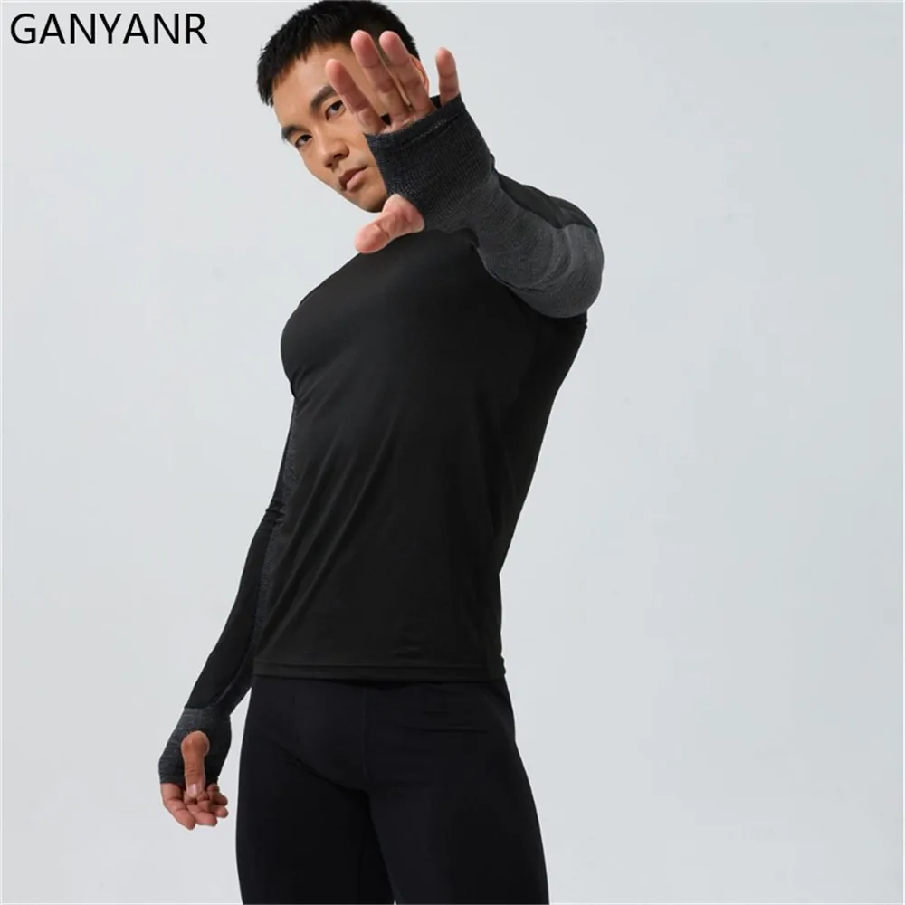 GANYANR Running T-shirt Men Sportswear Compression Gym Bodybuilding Long Sleeve Yoga Wear Cool Tee Basketball Training Exercise