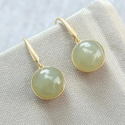 Natural Hetian jade round bead earrings Chinese style retro national  light luxury elegant noble new women's silver jewelry