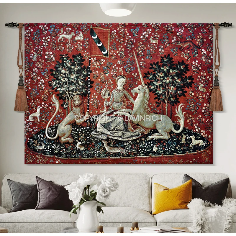 DAVINRICH The Lady And The Unicorn Tapestry Sense Of Sight Vintage Tapestry Wall Hanging Art Decor Made From 100% Cotton Threads