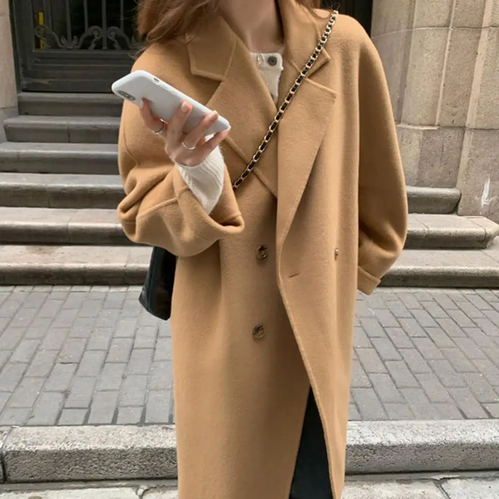 Women Trench Coat Thickened Double-breasted Long Style Long Sleeve Loose Lapel Notch Collar Pockets Winter Woolen Coat