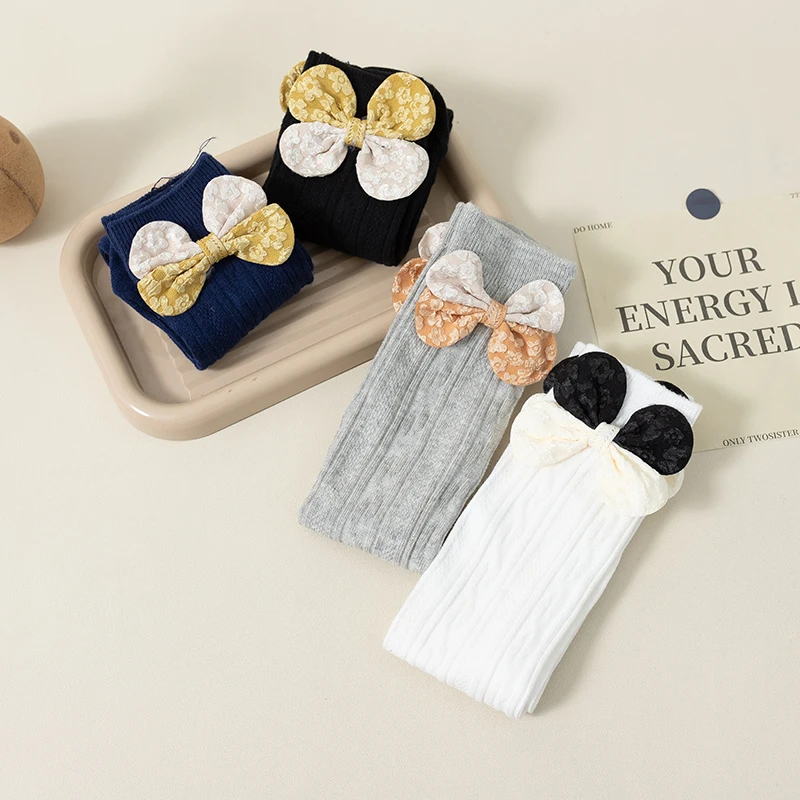 Children Cute Two Color Decor Bow Anti Pilling Cable Knit High Tube Over The Knee Socks Twisted Texture Cozy Elastic Long Socks view 5