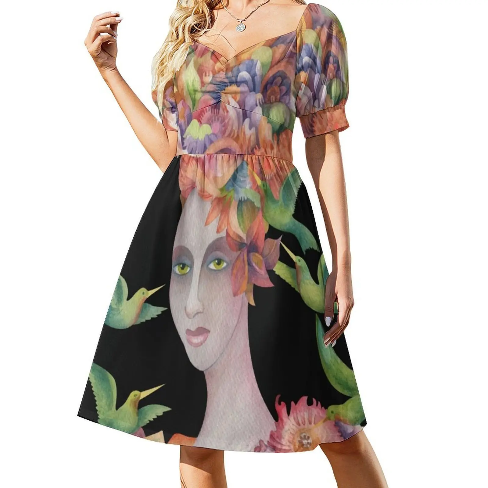 Who'S That Girl ? #4 Floral Smock Dress For Women Spring Summer Casual Dress For Party Watercolor Girl Hummingbirds Flowers