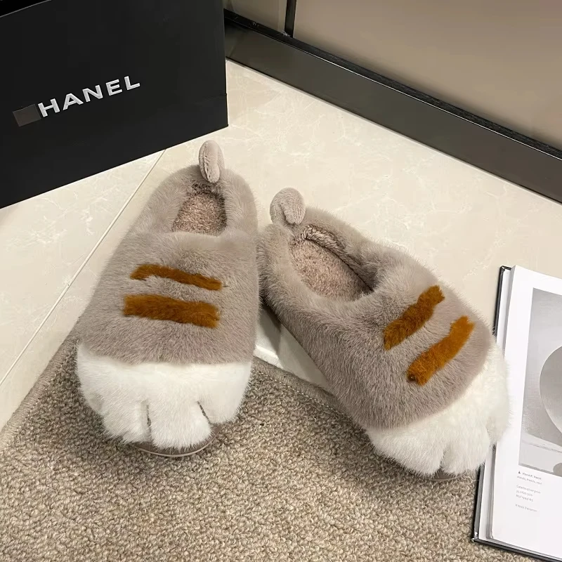 New Adorable Kitty Claw Slippers Women's Home Shoes Non Slip Furry Mules Female Fashion Warm Fluffy Slides Outdoor Cat Slippers image 2