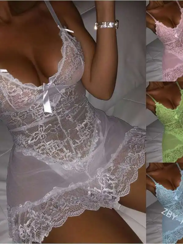 Sexy Lace Mesh Transparent Flower Embroidery Dress Backless Deep V Suspenders Sleeveless Charming Elegant Beautiful Casual VFWT