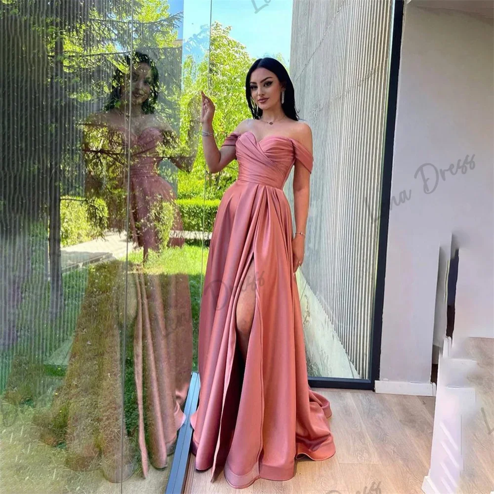 Lena Off Shoulder Satin Evening Dress Side Pleated Prom Dress Floor Length Pink Lily powder blusher Homecoming Dress