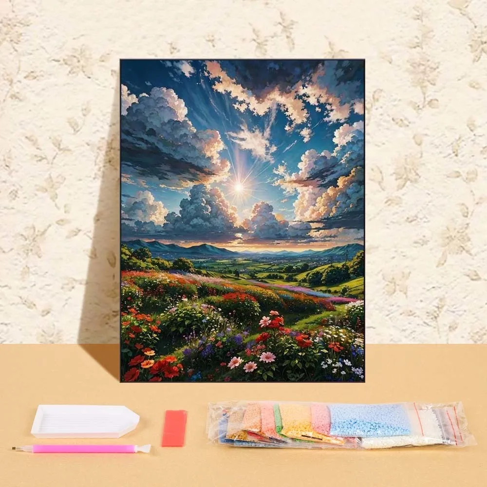 

Flower Cluster Picture Of Rhinestone 5D DIY Diamond Mosaic Sunset Landscape Handmade Diamond Art Painting Home Decoration