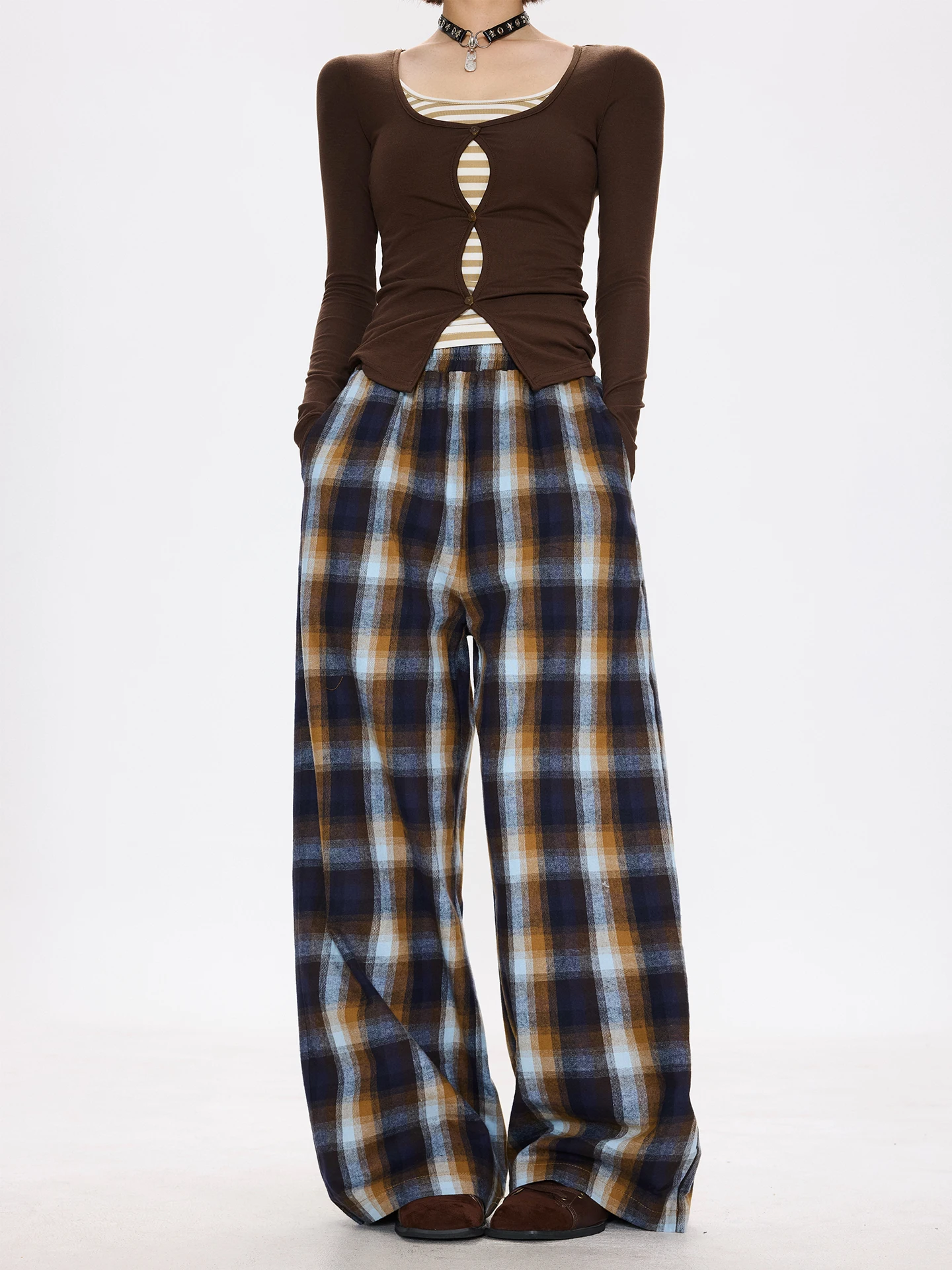 

Chen Stiy Old Store American Retro Color Blo Plaid Wide Leg Casual Pants High Waist Straight Tube Long Trousers Women