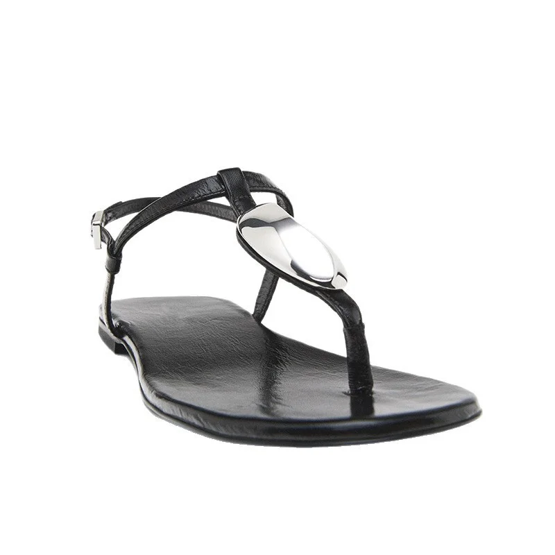 Withered Summer Sandals Women Nordic Minimalist Leather Flat Toe Sandals Black T-strap Sandals Comfortable Casual Sandals Shoes
