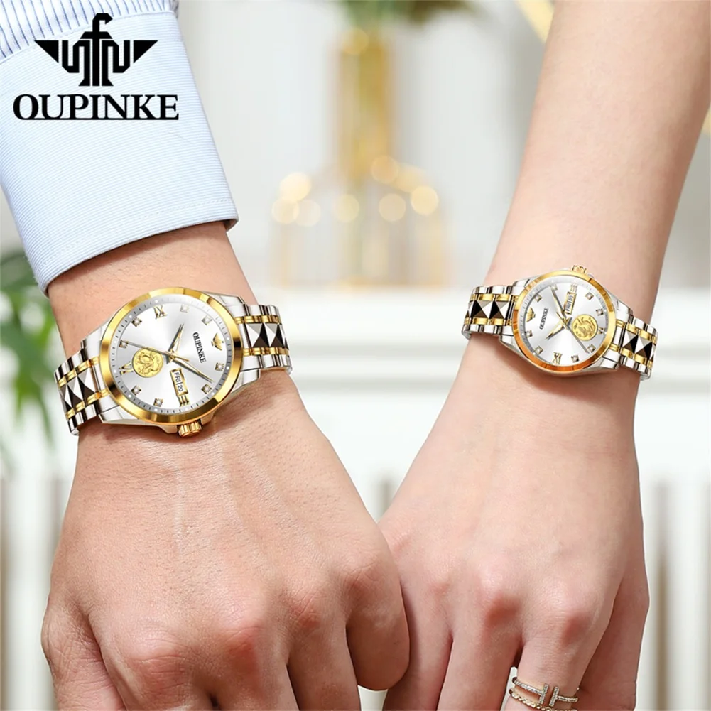 OUPINKE 3259 Luxury Automatic Mechanical Couple Watch Tungsten Steel Waterproof True Gold Diamond Brand Business Men Wome Watch