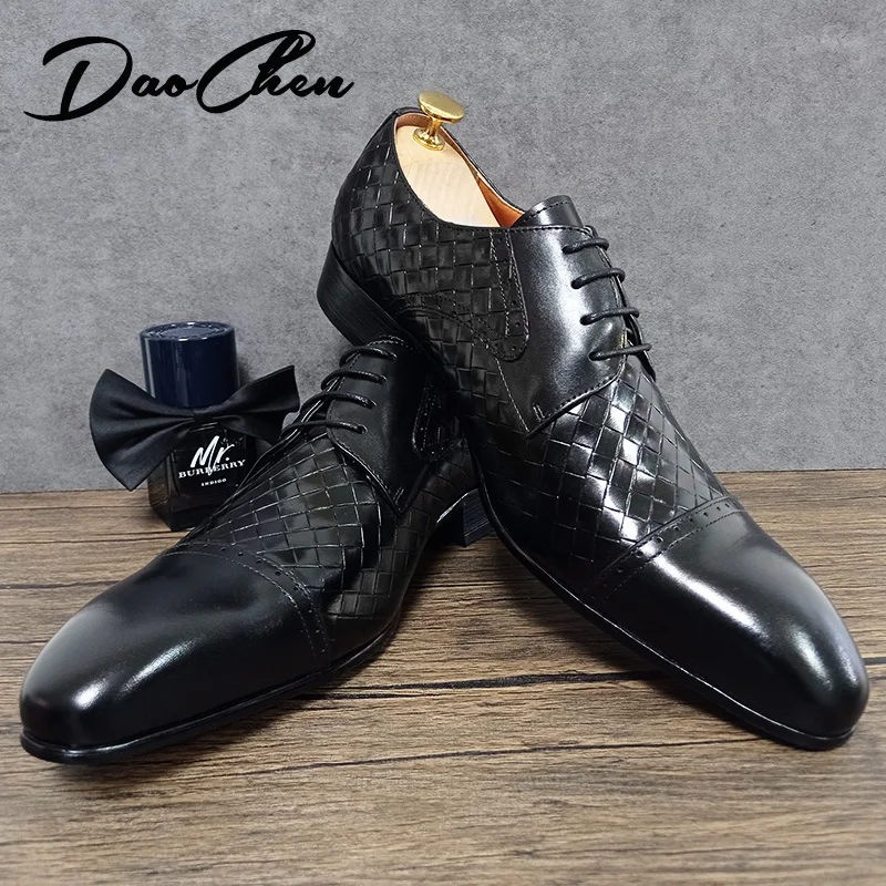 Luxury Men Shoes Lace Up Pointed Toe Black Brown Plait Formal Derby Mens Office Business Wedding Dress Leather Shoes Men