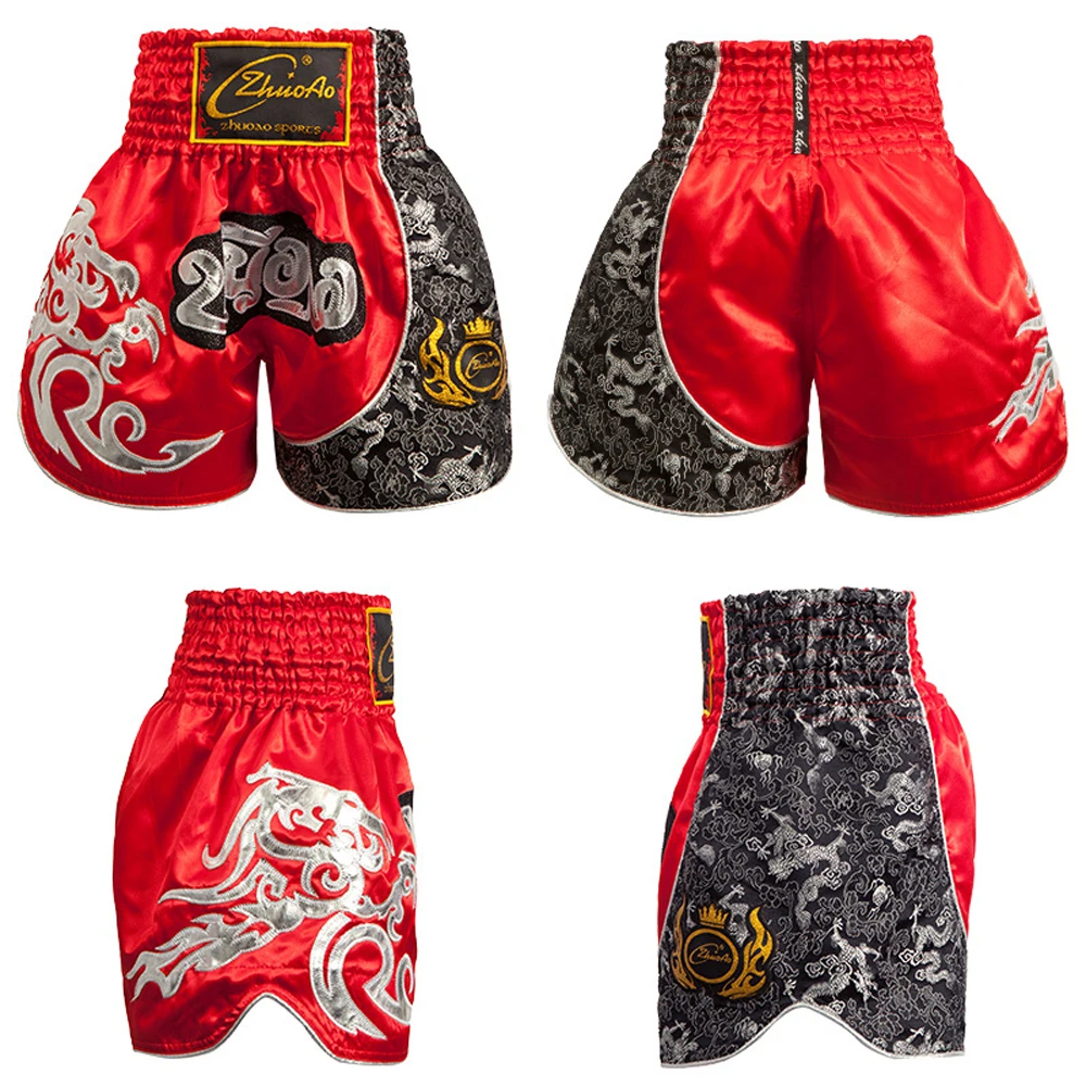 Pantalones cortos estampados para hombre y mujer, Shorts transpirables para Kick Boxing, parches bordados, ropa para Muay Thai, Sanda Grappling