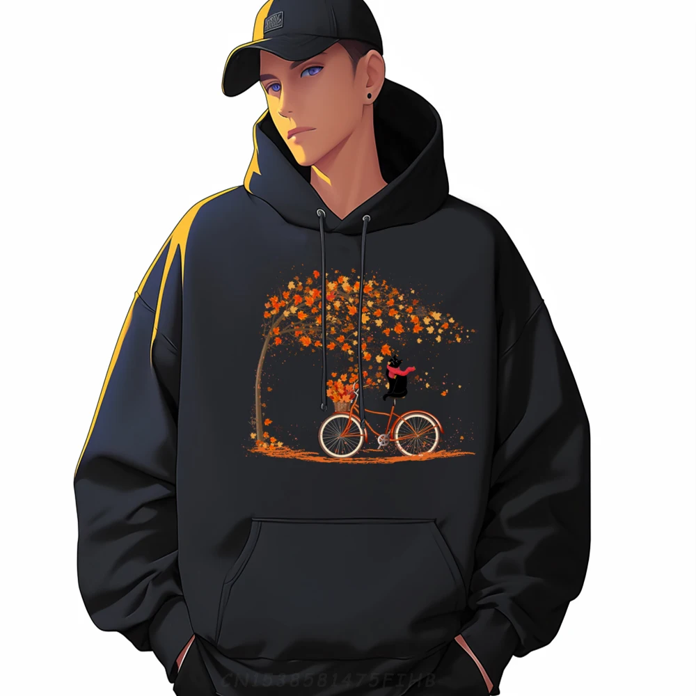 Black Cat Fall Bicycle Leaves Fall Autumn Halloween Tees Graphic Sweatshirts Polyester Fiber Men Christmas Shirt Aesthetic