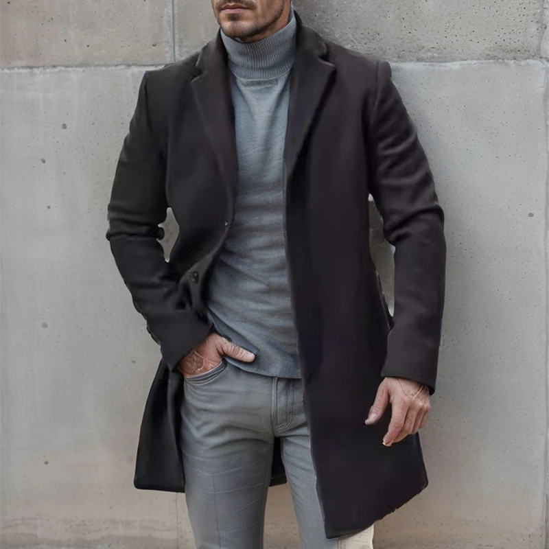 

Men's Autumn Solid Color Thickness Outwear 2024 Male Long Sleeve Fleece Midi Jackets Winter Fashion Lapel Button Wool Overcoats