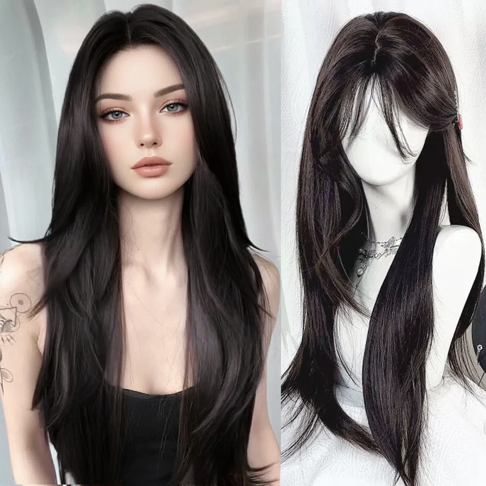 Natural Black Wig Female 28inch Long Hair With Bangs Layered Nature Straight Hair Cosplay Synthetic Wigs Lolita Perruque