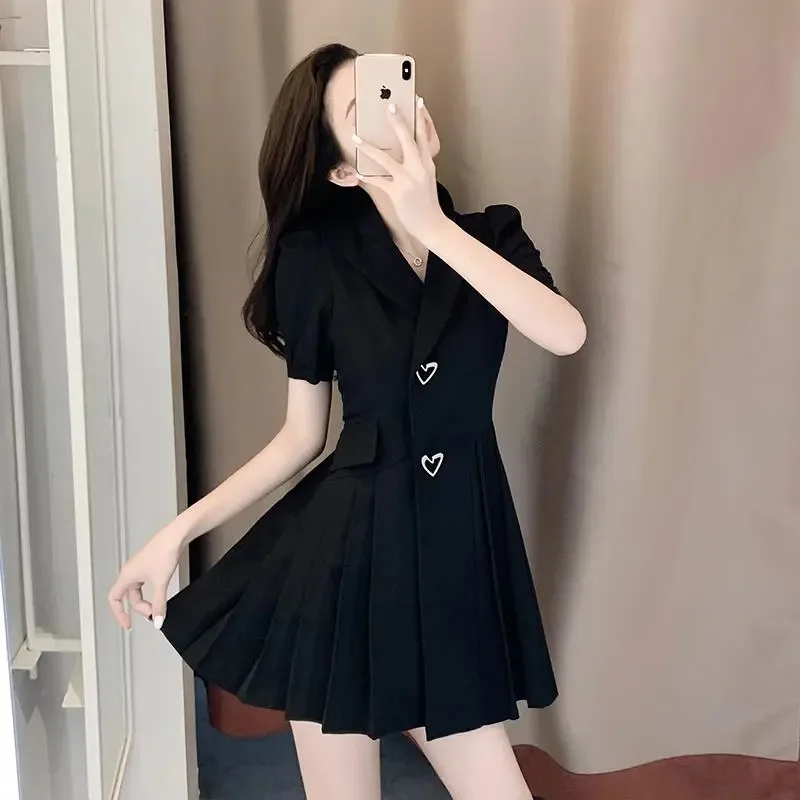 

Women's French Style Blazer Dress Puff Sleeve Notched Lapel Heart Button Waist-Tied Pleated Mini Dress Elegant Casual Outfit