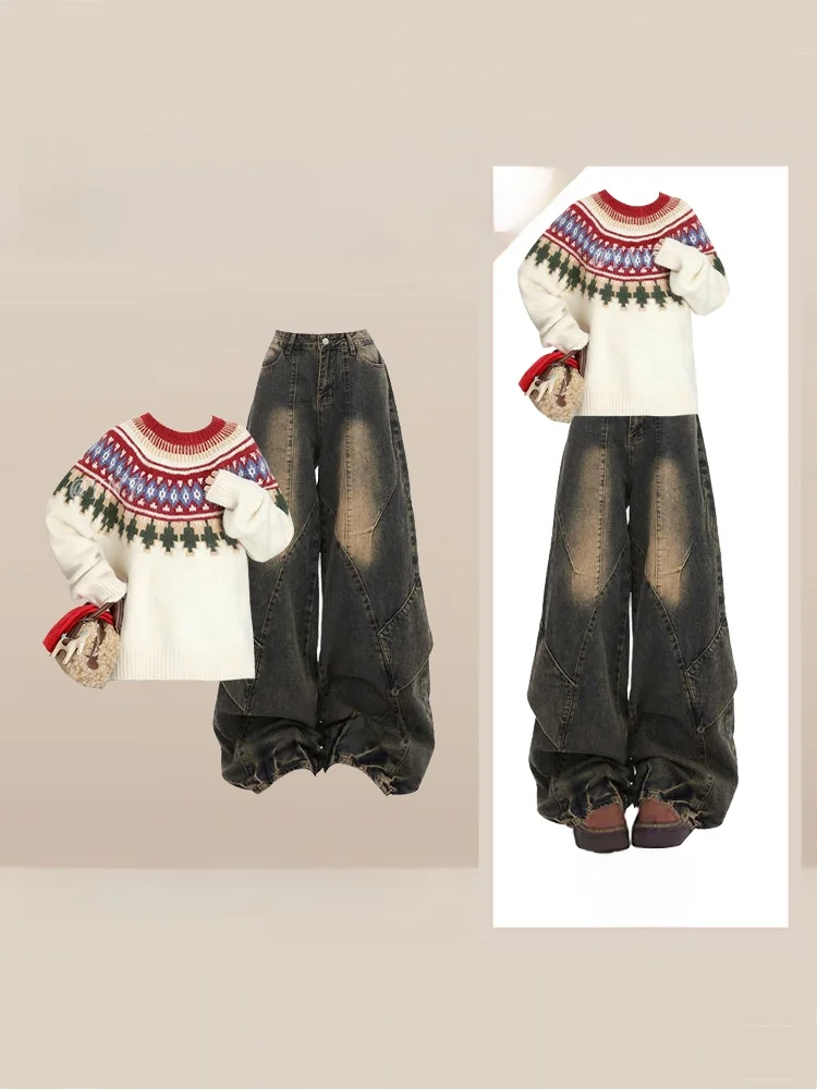 Cisas Gestrickter Pullover und Weite Jeans mit Farbblock-Design und Quasten Modisches Winter-Outfit Damen Langer Pullover...