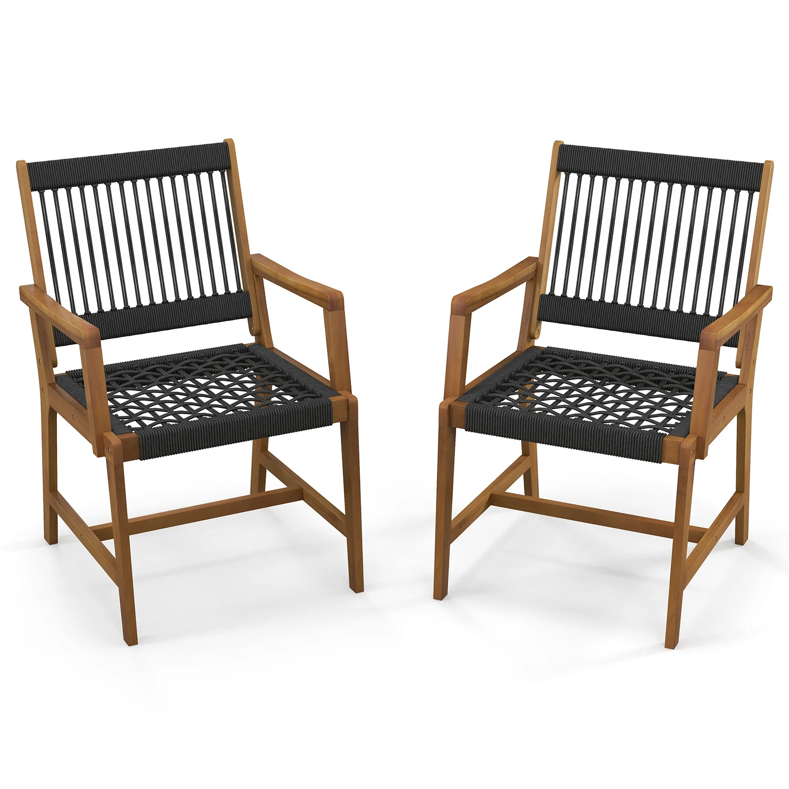 Patio 2pcs Acacia Wood Dining Chairs All-Weather Rope Woven Armchairs Outdoor