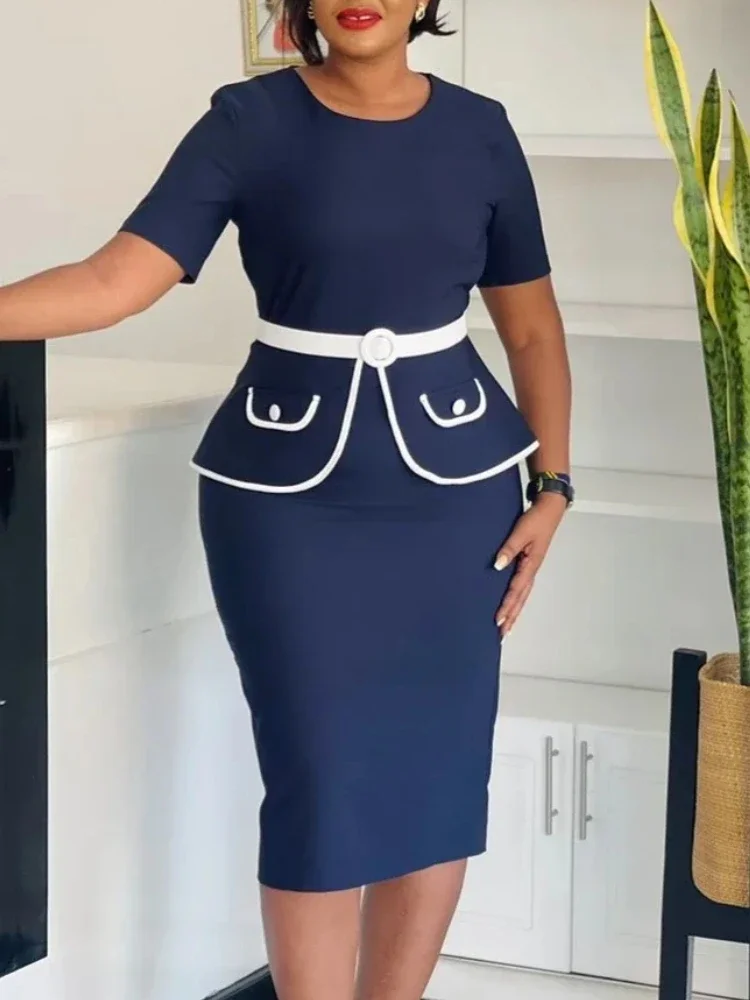 Elegant Church Dresses O Neck Bodycon Short Sleeves Modest Office Ladies Work Wear Round Neck for Professional Female African