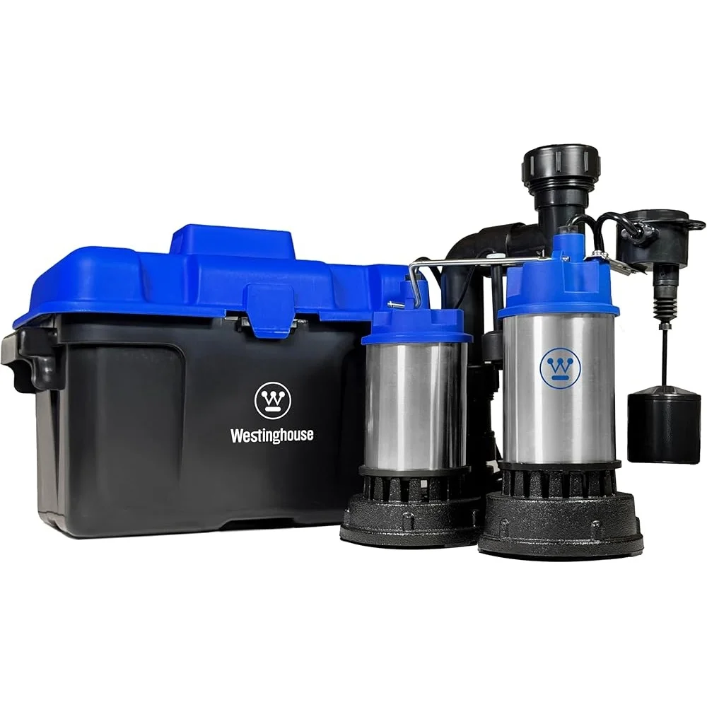 

1/2 HP Basement Sump Pump System Battery Backup Vertical Float Switch High Water Pump Efficient Safety Dual Check Valves