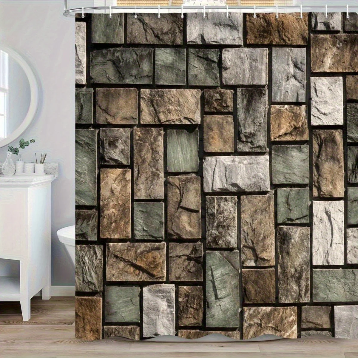 6.0x6.0ft Retro Stone Brick Wall Shower Curtain- Rustic Marble Geometric Rock Farmhouse Design, Polyester Fabric with Hooks, Mac
