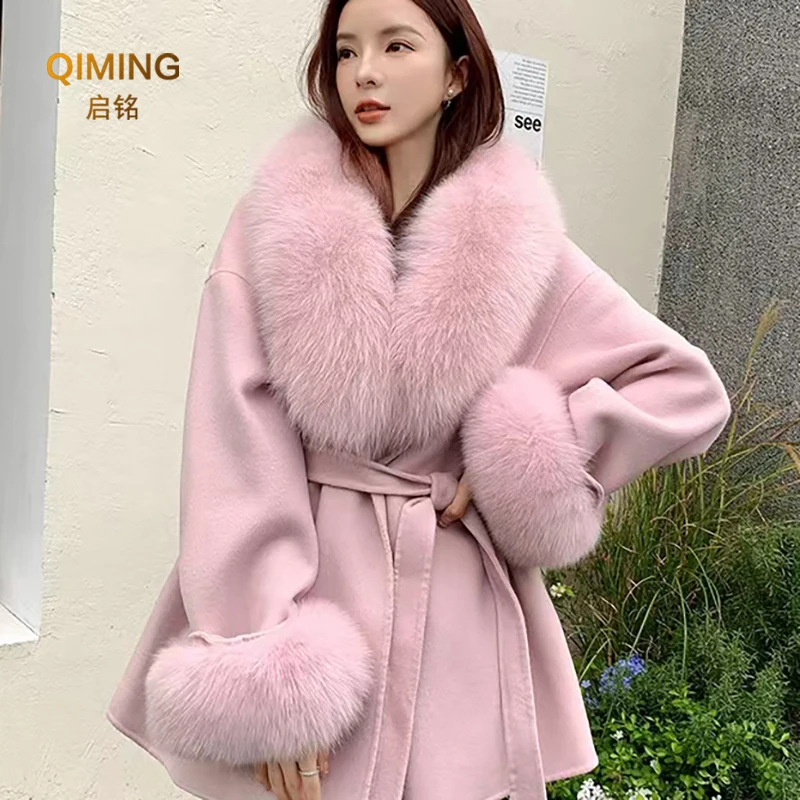 Winter Real Fox Fur Collar Women Large Fur Scarf Suit Fluffy Fur Shawl Fur Cuff Set Luxury Furry Wraps Scarves Coat Jacket Adorn