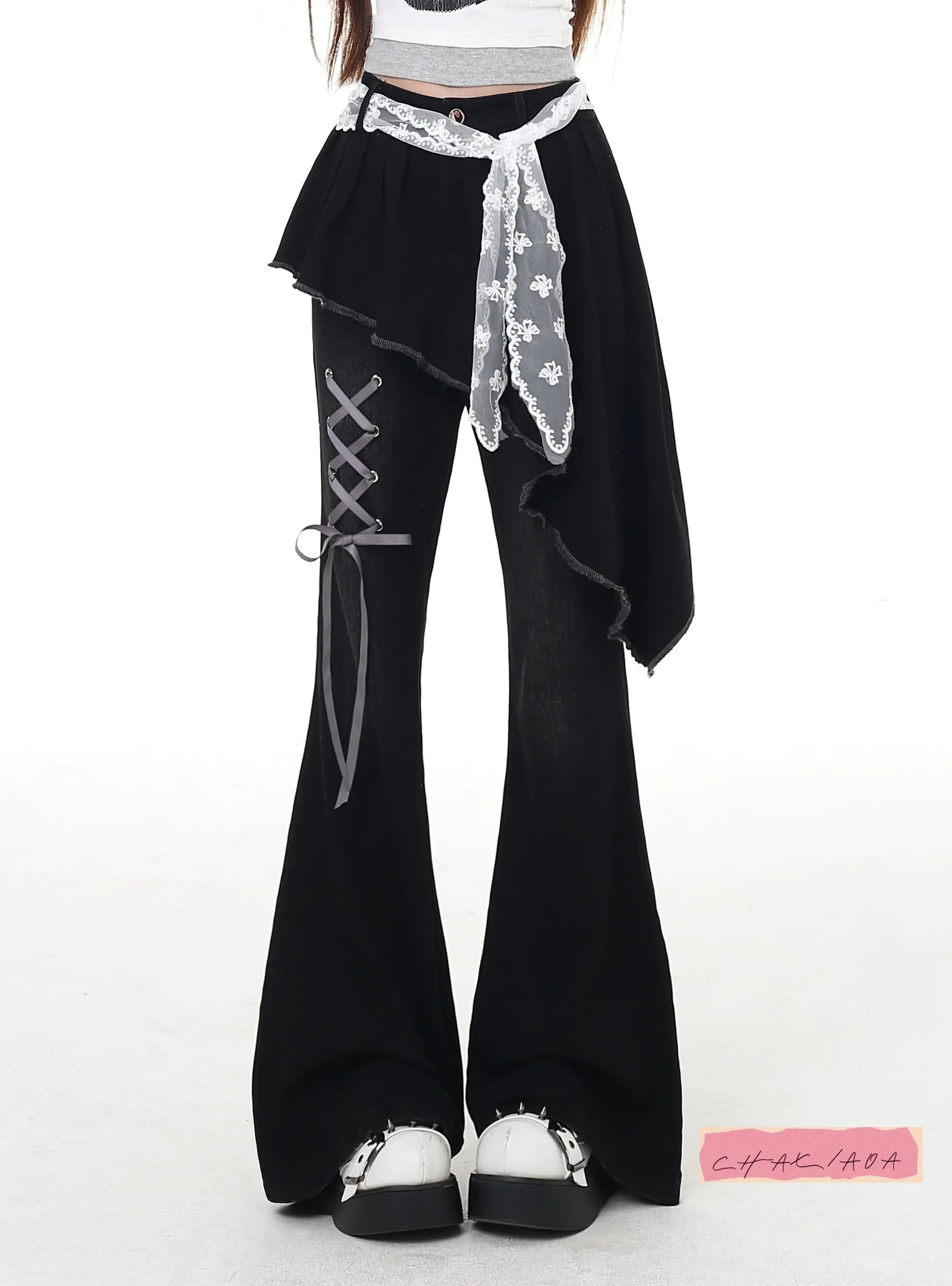 

Оригинальные готические ретро-слак поддельные двухсекционные асимметричные ремни с микроподтяжками, тонкие узкие джинсы на весну и осень, женские длинные брюки