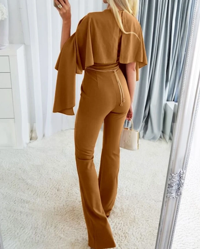 2025 Autumn Winter Spring New Fashion Casual Sexy Plunge Irregular Sleeve Sexy Jumpsuit Zipper Long Romper with Belt