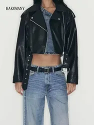 Chaqueta de cuero PU con solapa y cremallera para mujer, abrigo holgado de manga larga con hebilla y cinturón, con dobladillo, color negro, 2023