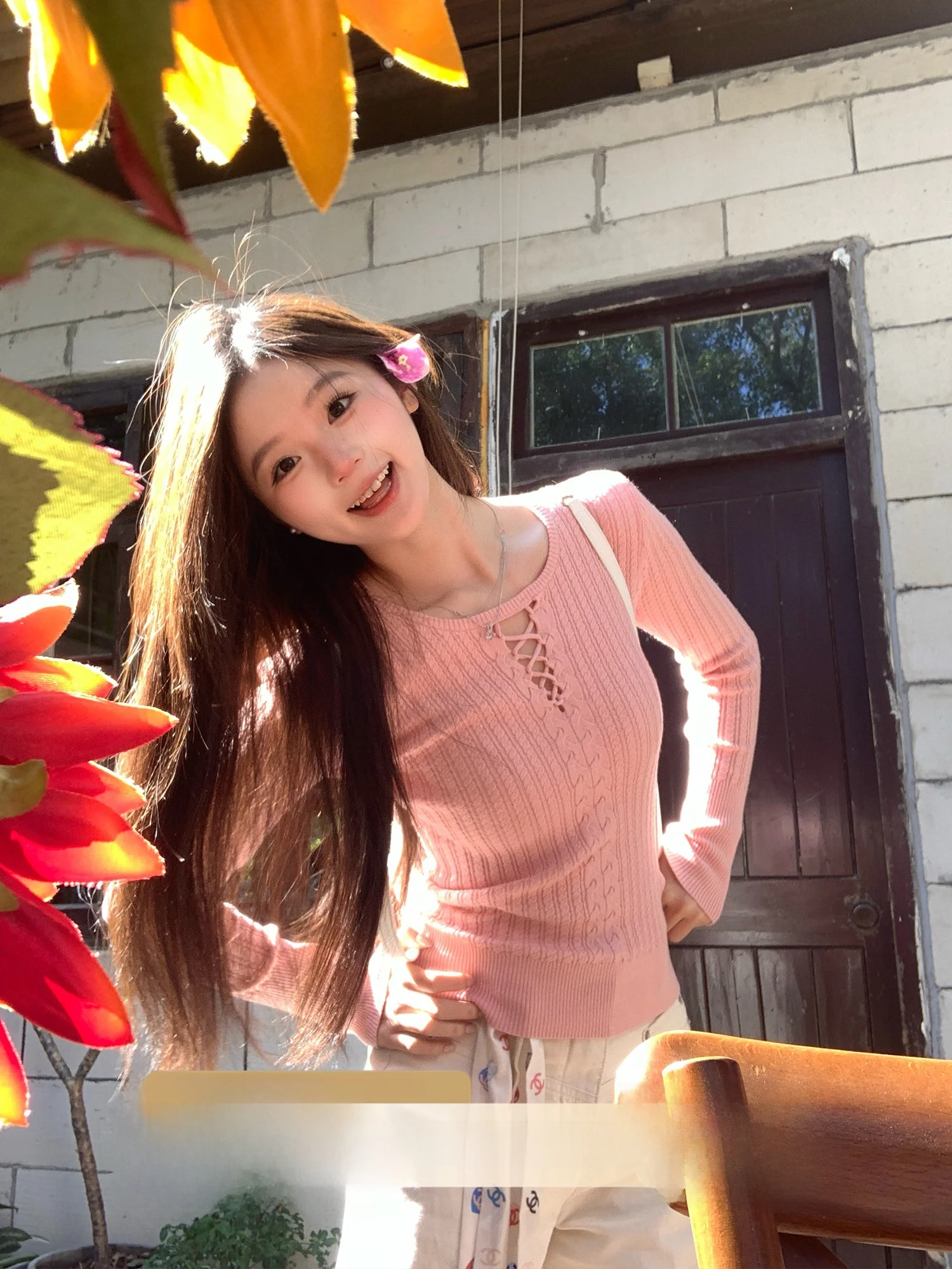 

Розовая вязаная кофта с V-образным вырезом и длинными рукавами, облегающая, повседневная, весенняя, маленького размера, с вырезами, в стиле «кейк-кэтчинг»