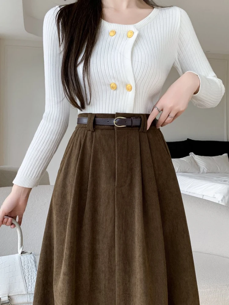 Herbst Winter Vintage Cord Midi Rock Mit Gürtel Elegante Mode Lässig Große Schaukel A-Line Lange Röcke Dame