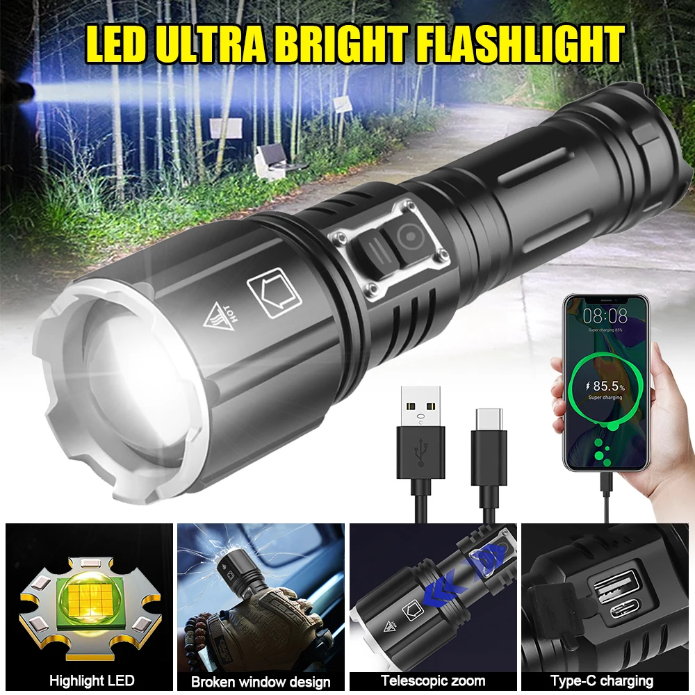 

Newest Most Powerful XHP160 White Super Powerful Flashlight USB Rechargeable Torch High Power LED Camping Light Tactical Lantern