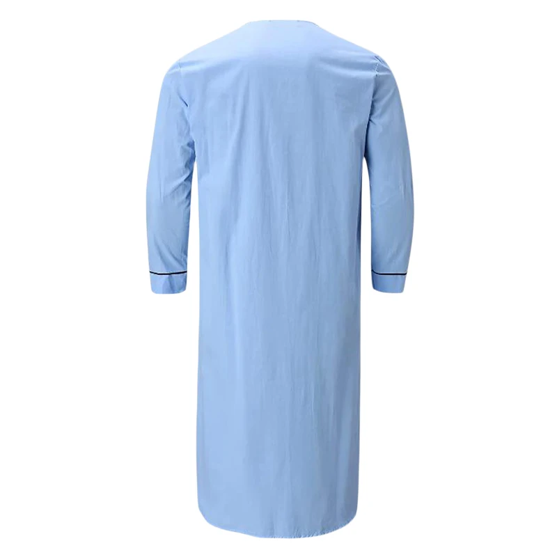 Jubah Linen kerah V pria gaun malam panjang Solid lengan pendek gulung kemeja longgar kasual Kaftan Thobe dengan saku