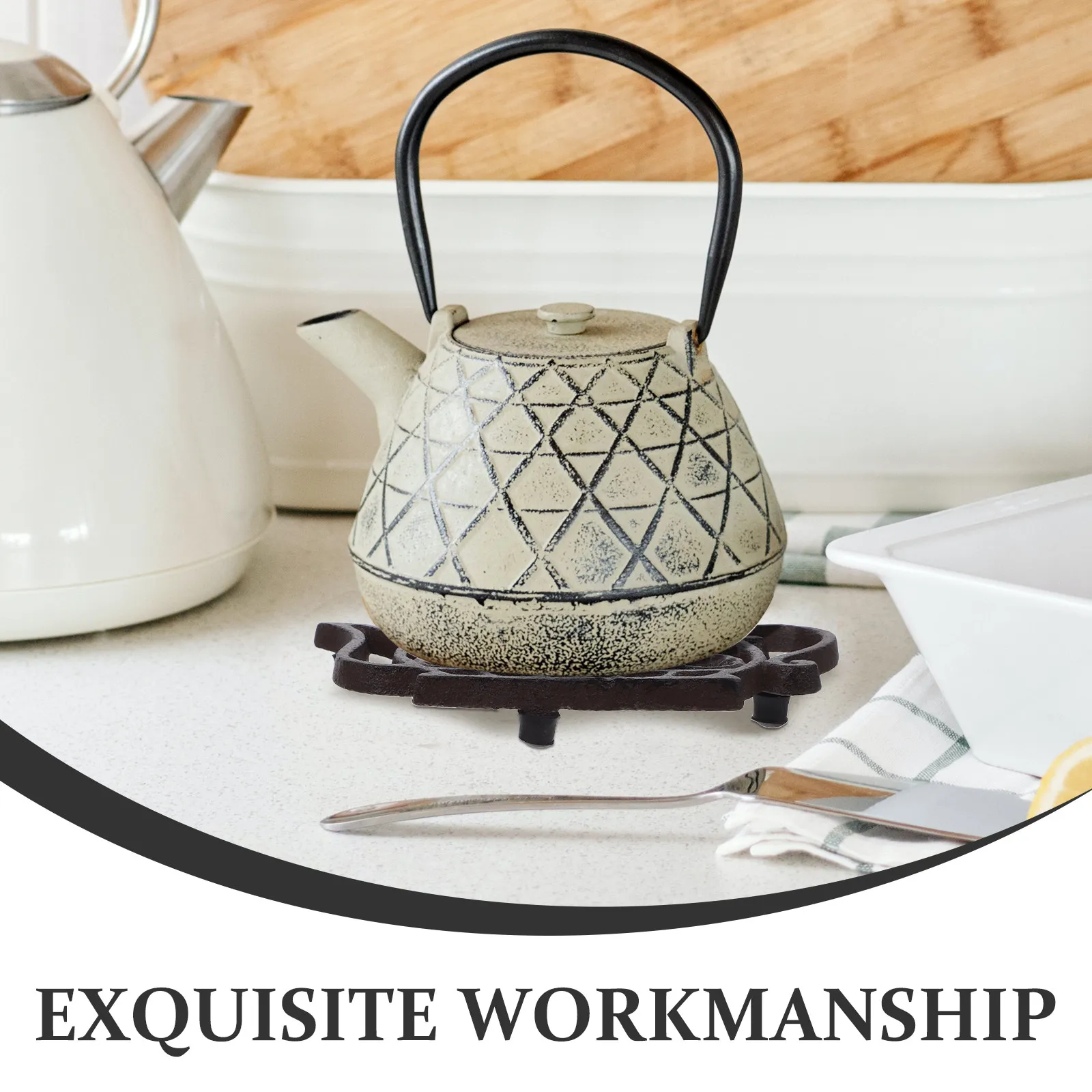 Teapot Shaped Cast Iron Trivet for Kitchen Dining Table Heat Protection Non Slip Countertop Pot Mat Decorative Insulated Mug Pad view 5