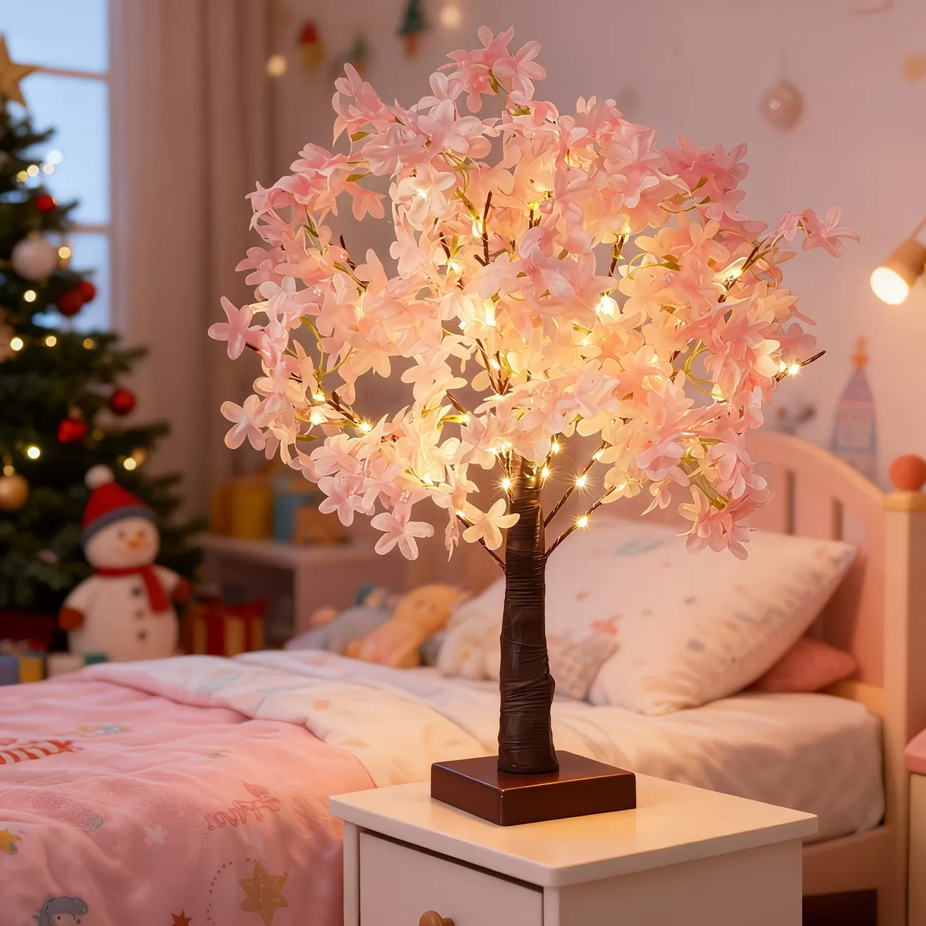 Holiday Desktop LED Tree Lamp With Artificial Flowers USB Powered Decorative Ornament Light for Bedroom Dining Table Party 42led