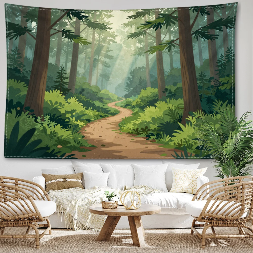 Forest Path Lush Tree Sunlight Printed Tapestry Wall Hanging Bohemian Style Bedroom Home Decor