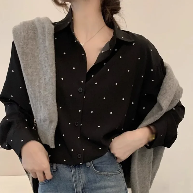 Women\'s V-neck Polka Dot Long Sleeve Elegant Shirt Retro Lapel Loose Long Sleeve Fashion Single-Breasted Blouse Shirt