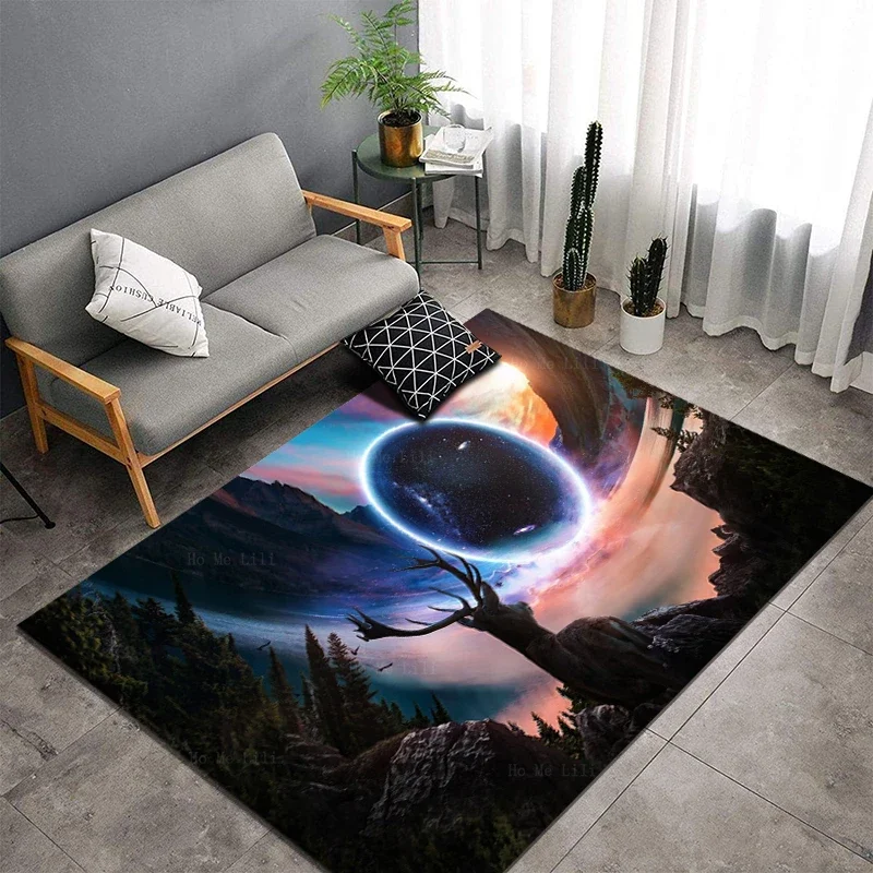 Alfombra de estilo Ciencia ficción Para decoración del suelo del hogar, Planeta, Galaxia, Immensity, Vía Láctea, estrella, cielo, ciervo, Amanecer, silueta, por Ho Me Lili