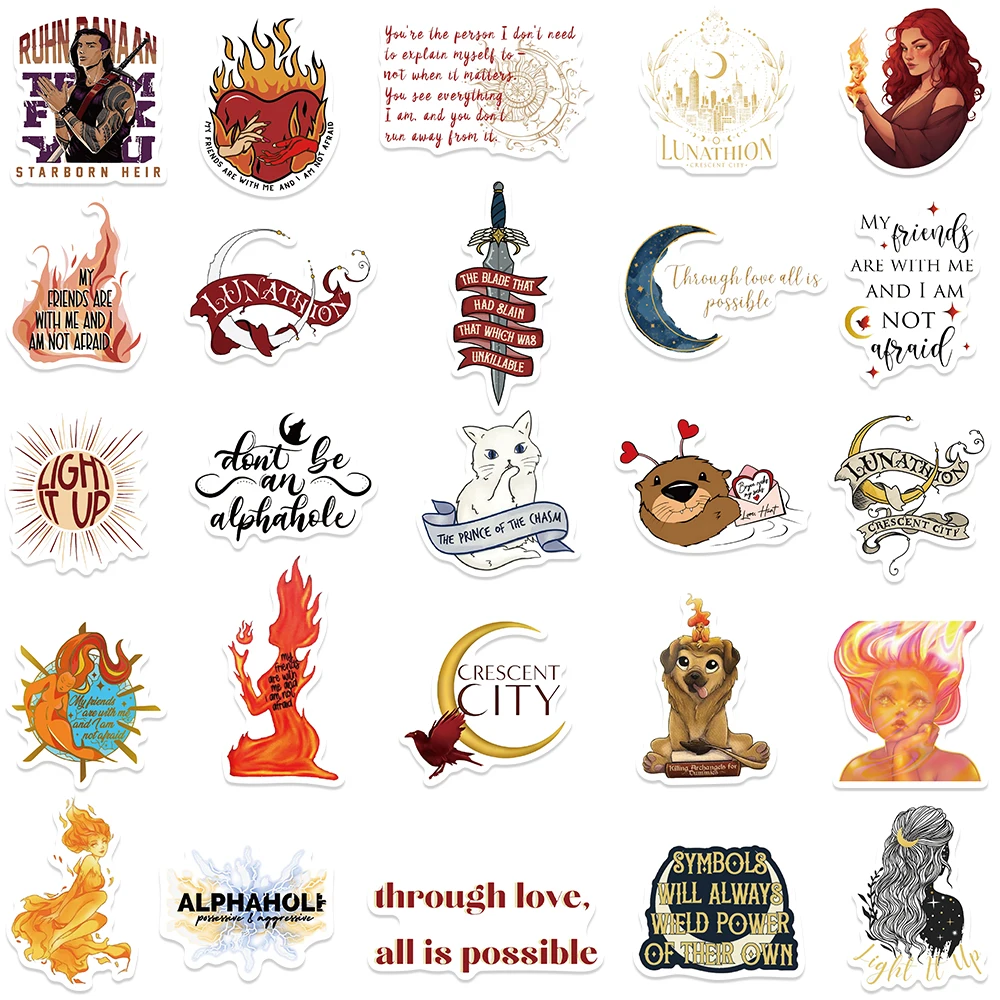 50PCS Crescent City House of Flame Romance Book Sticker Cartoon DIY Decal Diary Guitar Phone Laptop Scrapbook Booktok Sticker