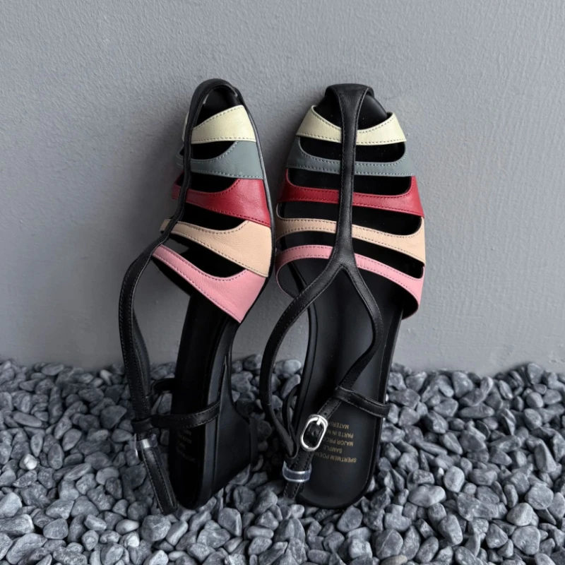 Unique Mixed Color Hollow Narrow Band Gladiator Sandals Women Fashion Round Toe Wedges Slingback Heels Street Style Casual Shoes