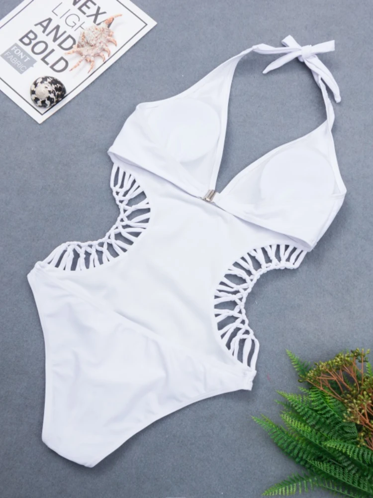 2022 Sexy White Halter Cut Out Bandage Trikini Swim Bathing Suit Monokini Push Up Brazilian Swimwear Women One Piece Swimsuit