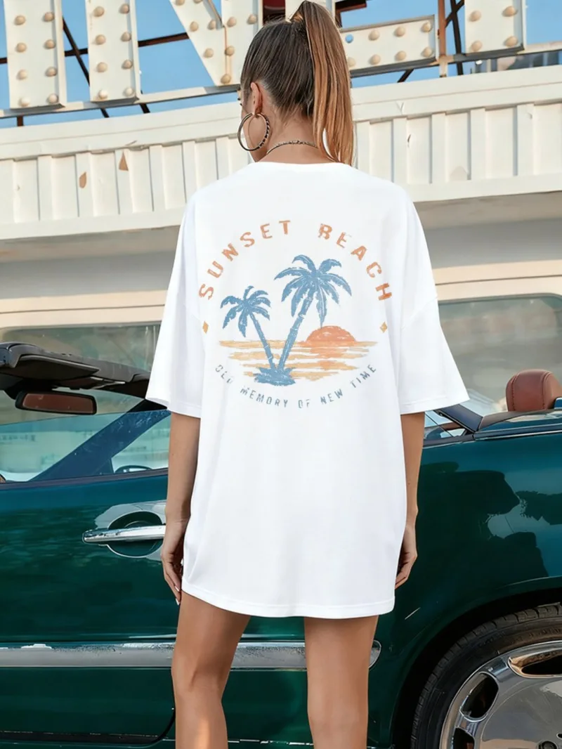 

Женская футболка с принтом, свободная белая футболка с короткими рукавами, пляжная футболка с принтом пальмы и текстовым принтом, летняя повседневная одежда для отдыха