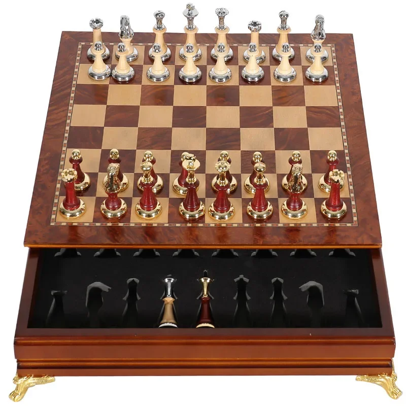 Deluxe Classic Chess Set Wooden Chessboard Metal Imitation Jade Chess Pieces