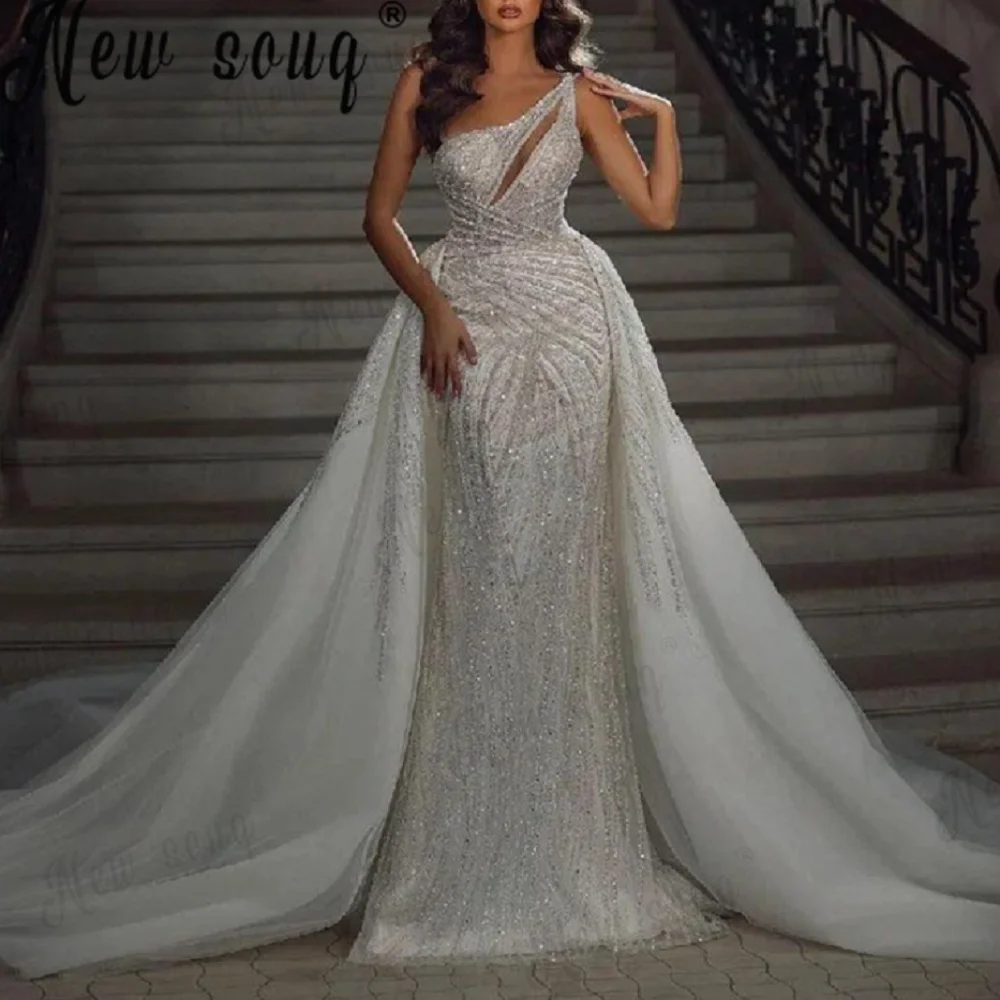 Vestido de novia de lujo con lentejuelas y cuentas para mujer, con tirantes finos de sirena traje largo, con tren desmontable, para evento Formal, 2023