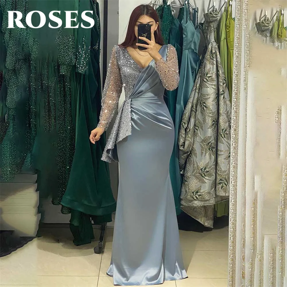 

ROSES Simple Blue Evening Dresses Regular Sleeve Mermaid Party Dress with Pleats Satin فساتين مناسبة رسمية Sequins Prom Dresses