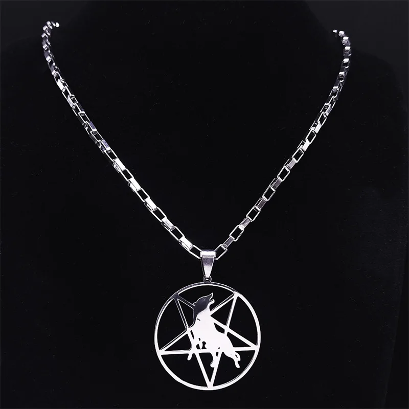 Inverted Pentagram Wolf Stainless Steel Statement Necklace Silver Color Music Band Pendants Necklaces Jewery colgante N1149S06