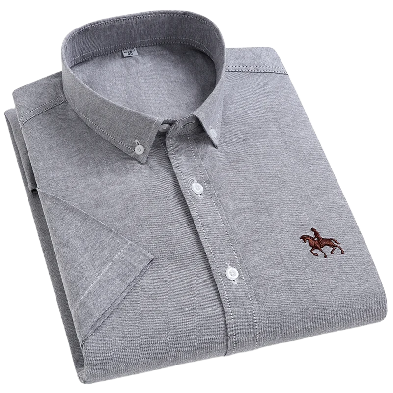 100% Cotton Oxford Shirt Men\'s Summer short sleeved Sleeve Embroidered Horse Casual Without Pock et Solid Shirt Plus Size S-6XL