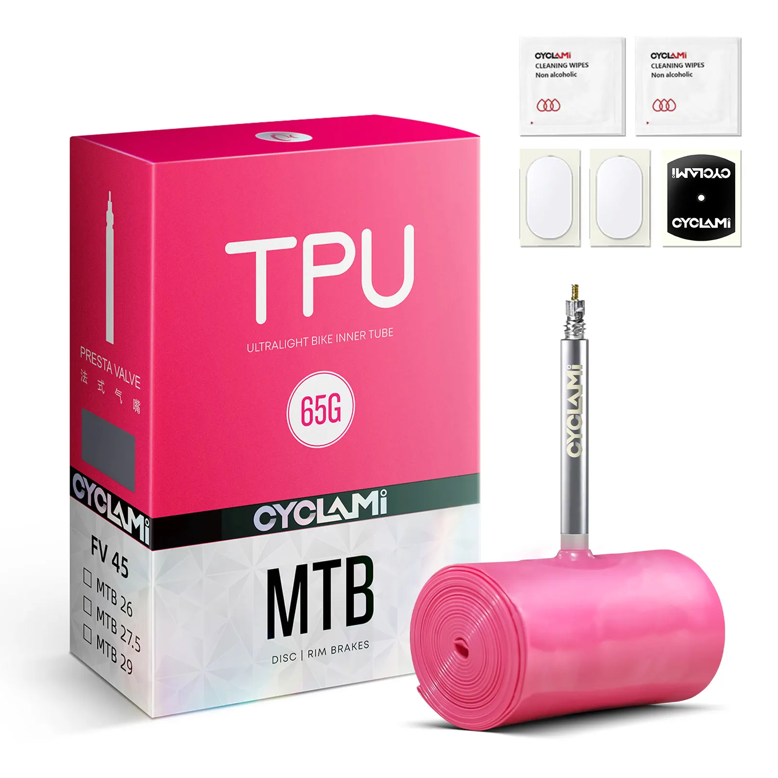 

CYCLAMI Ultralight 65g Bike Inner Tube 26 27.5 29 Road MTB Bicycle TPU Tire 45mm Length French Valve Super Light