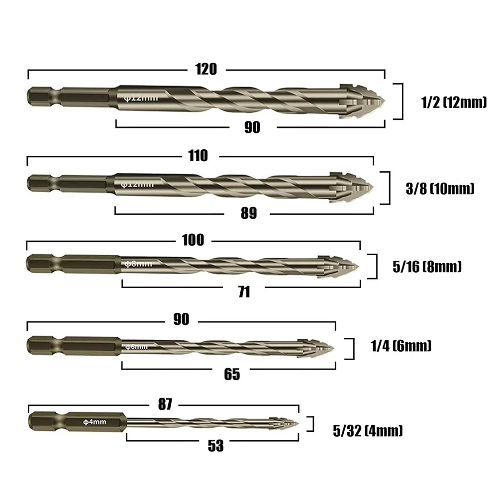 5pcs 4/6/8/10/12mm Eccentric Drill Bit 4 Edge Masonry Drill Bits Set For Wood Concrete Glass Brick Tiles