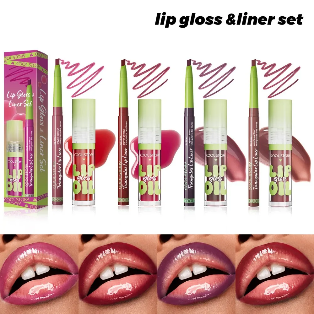 3個入りリップライナー＆グロスセット、2 in 1リップスティック、デュアルエンドでスムーズな重ね塗り可能なリップグロス、女性用リップコンボメイク